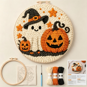 Punch Needle Embroidery Kit, Cute Ghost & Pumpkin Halloween DIY Craft Set for Beginner, Handmade Embroidery Hoop Wall Decor