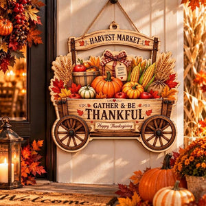 Fall Thanksgiving Wooden Door Hanger Sign, Farmhouse Harvest Pumpkin Cart Wall Hanging Decor for Front Porch Home Thanksgiving Party Decorations