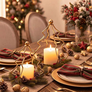 Gold Tree Shaped Metal Candle Holder with Pine & Berry Wreath, Christmas Table Centerpiece Decor