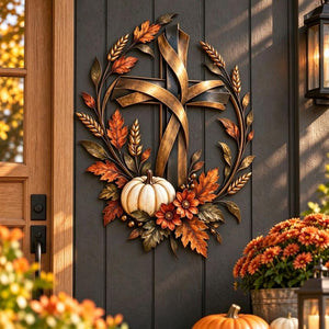 Wrought Iron Harvest Cross Wall Art with Pumpkin Maple Leaves Wheat, Fall Faith Wall Decor for Porch Entryway, Religious Thanksgiving Home Decoration, Gift for Housewarming