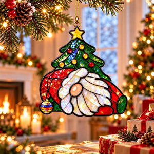 Christmas Gnome Stained Glass Style Acrylic Suncatcher, 12cm (4.72 Inch) Window & Tree Hanging Ornament, Christmas Holiday Decor & Gift
