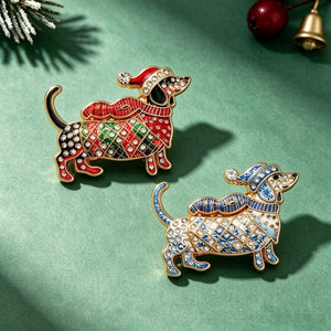 Christmas Dachshund Brooch, Enamel Rhinestone Sausage Dog Pin for Shawl, Coat and Scarf, Holiday Gift