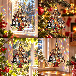 Cat Tree Suncatcher | Stained Glass Style Acrylic Christmas Window Decor for Cat Lovers