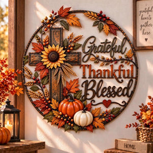 Wrought Iron Harvest Cross Wall Art with Pumpkin Maple Leaves Wheat, Fall Faith Wall Decor for Porch Entryway, Religious Thanksgiving Home Decoration, Gift for Housewarming