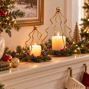 Gold Tree Shaped Metal Candle Holder with Pine & Berry Wreath, Christmas Table Centerpiece Decor
