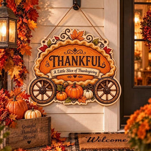 Fall Thanksgiving Wooden Door Hanger Sign, Farmhouse Harvest Pumpkin Cart Wall Hanging Decor for Front Porch Home Thanksgiving Party Decorations