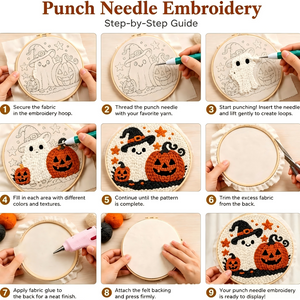 Punch Needle Embroidery Kit, Cute Ghost & Pumpkin Halloween DIY Craft Set for Beginner, Handmade Embroidery Hoop Wall Decor