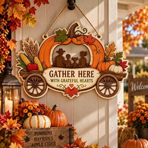 Fall Thanksgiving Wooden Door Hanger Sign, Farmhouse Harvest Pumpkin Cart Wall Hanging Decor for Front Porch Home Thanksgiving Party Decorations