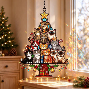 Cat Tree Suncatcher | Stained Glass Style Acrylic Christmas Window Decor for Cat Lovers