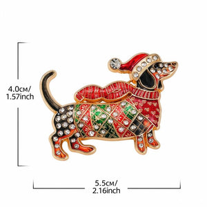 Christmas Dachshund Brooch, Enamel Rhinestone Sausage Dog Pin for Shawl, Coat and Scarf, Holiday Gift