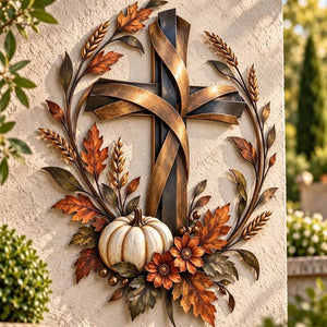 Wrought Iron Harvest Cross Wall Art with Pumpkin Maple Leaves Wheat, Fall Faith Wall Decor for Porch Entryway, Religious Thanksgiving Home Decoration, Gift for Housewarming