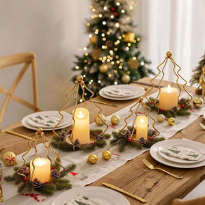 Gold Tree Shaped Metal Candle Holder with Pine & Berry Wreath, Christmas Table Centerpiece Decor