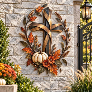 Wrought Iron Harvest Cross Wall Art with Pumpkin Maple Leaves Wheat, Fall Faith Wall Decor for Porch Entryway, Religious Thanksgiving Home Decoration, Gift for Housewarming