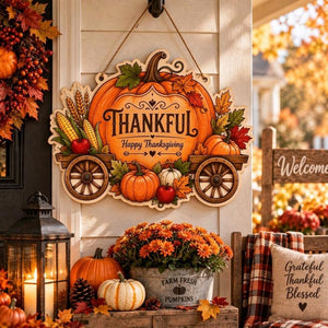 Fall Thanksgiving Wooden Door Hanger Sign, Farmhouse Harvest Pumpkin Cart Wall Hanging Decor for Front Porch Home Thanksgiving Party Decorations