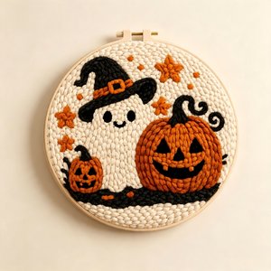 Punch Needle Embroidery Kit, Cute Ghost & Pumpkin Halloween DIY Craft Set for Beginner, Handmade Embroidery Hoop Wall Decor
