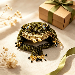 Hand‑Beaded Frog Coin Purse, Vintage Boho Mini Kiss‑Lock Bag Charm, Olive Green Seed Bead Small Pouch for Coins Earbuds Gift