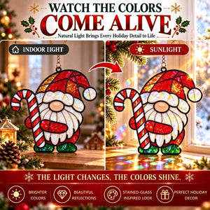 Christmas Gnome Stained Glass Style Acrylic Suncatcher, 12cm (4.72 Inch) Window & Tree Hanging Ornament, Christmas Holiday Decor & Gift