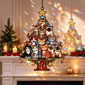 Cat Tree Suncatcher | Stained Glass Style Acrylic Christmas Window Decor for Cat Lovers