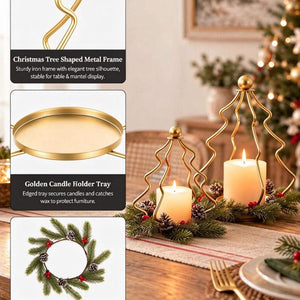 Gold Tree Shaped Metal Candle Holder with Pine & Berry Wreath, Christmas Table Centerpiece Decor