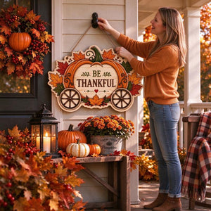 Fall Thanksgiving Wooden Door Hanger Sign, Farmhouse Harvest Pumpkin Cart Wall Hanging Decor for Front Porch Home Thanksgiving Party Decorations