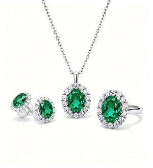 Old Money Style Emerald Halo Necklace Earrings Ring Jewelry Kit