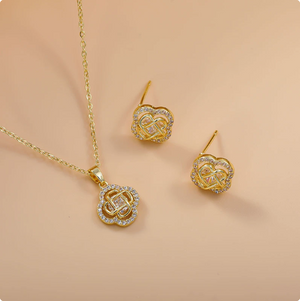 14K Gold Plated Dainty Cubic Zirconia Jewelry Sets | Necklace & Stud Earrings Matching Sets for Women Everyday Wear & Gifting