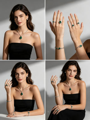 Vintage Emerald Pearl 4Pcs 316L Stainless Steel Jewelry Set