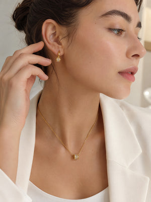 Sparkling Barrel CZ Jewelry Set | 18K Gold Plated Huggie Earrings & Dainty Pendant Necklace, Hypoallergenic Stainless Steel Matching Set for Women
