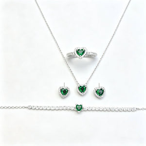 Heart Emerald Halo 4Pcs Matching Silver Jewelry Set