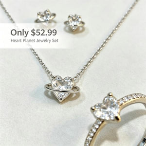 3Pcs Heart Planet 925 Sterling Silver Jewelry Set, Heart Saturn CZ Necklace Stud Earrings Adjustable Open Ring Gift For Women