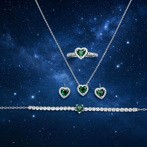 Heart Emerald Halo 4Pcs Matching Silver Jewelry Set
