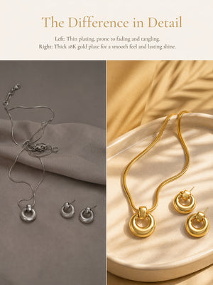 Sculptural Open Circle Matching Jewelry Set | 18K Gold Plated Snake Chain Pendant Necklace & Donut Hoop Earrings, Hypoallergenic Stainless Steel Set for Women
