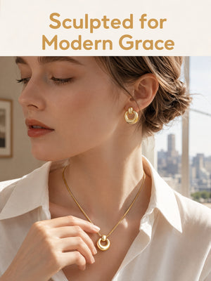 Sculptural Open Circle Matching Jewelry Set | 18K Gold Plated Snake Chain Pendant Necklace & Donut Hoop Earrings, Hypoallergenic Stainless Steel Set for Women