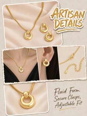 Sculptural Open Circle Matching Jewelry Set | 18K Gold Plated Snake Chain Pendant Necklace & Donut Hoop Earrings, Hypoallergenic Stainless Steel Set for Women