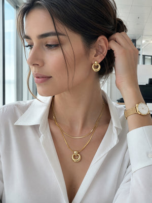 Sculptural Open Circle Matching Jewelry Set | 18K Gold Plated Snake Chain Pendant Necklace & Donut Hoop Earrings, Hypoallergenic Stainless Steel Set for Women