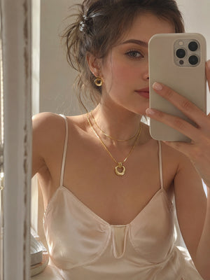 Sculptural Open Circle Matching Jewelry Set | 18K Gold Plated Snake Chain Pendant Necklace & Donut Hoop Earrings, Hypoallergenic Stainless Steel Set for Women