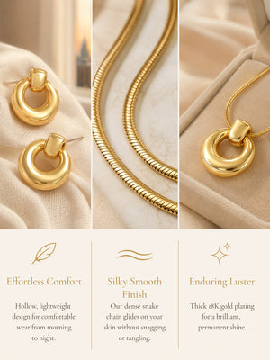 Sculptural Open Circle Matching Jewelry Set | 18K Gold Plated Snake Chain Pendant Necklace & Donut Hoop Earrings, Hypoallergenic Stainless Steel Set for Women