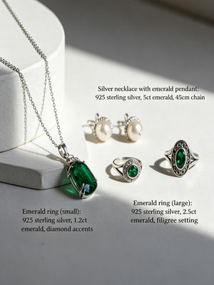 Vintage Emerald Pearl 4Pcs 316L Stainless Steel Jewelry Set