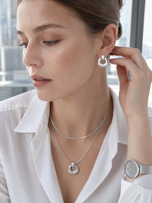Sculptural Open Circle Matching Jewelry Set | 18K Gold Plated Snake Chain Pendant Necklace & Donut Hoop Earrings, Hypoallergenic Stainless Steel Set for Women