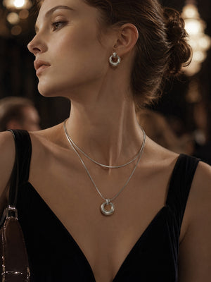 Sculptural Open Circle Matching Jewelry Set | 18K Gold Plated Snake Chain Pendant Necklace & Donut Hoop Earrings, Hypoallergenic Stainless Steel Set for Women