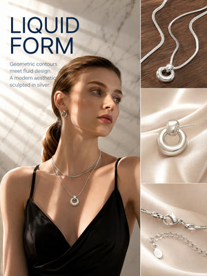 Sculptural Open Circle Matching Jewelry Set | 18K Gold Plated Snake Chain Pendant Necklace & Donut Hoop Earrings, Hypoallergenic Stainless Steel Set for Women