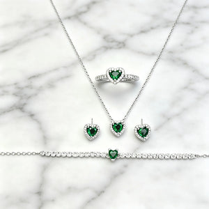 Heart Emerald Halo 4Pcs Matching Silver Jewelry Set
