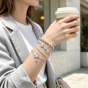 Women’s 4-Piece Stackable Bracelet Set, 14K Gold Plated & Silver Tone Available, Mother of Pearl Clover Charm Cubic Zirconia Layering Bracelets, Elegant Daily Party Jewelry Gift for Her