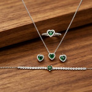 Heart Emerald Halo 4Pcs Matching Silver Jewelry Set