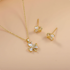 14K Gold Plated Dainty Cubic Zirconia Jewelry Sets | Necklace & Stud Earrings Matching Sets for Women Everyday Wear & Gifting