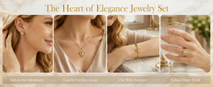 Vintage Heart Pearl 4-Piece Jewelry Set | 18K Gold Plated Necklace, Earrings, Bangle & Adjustable Ring, Hypoallergenic Stainless Steel Matching Set for Women