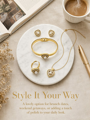 Vintage Heart Pearl 4-Piece Jewelry Set | 18K Gold Plated Necklace, Earrings, Bangle & Adjustable Ring, Hypoallergenic Stainless Steel Matching Set for Women