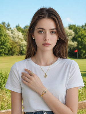 Vintage Heart Pearl 4-Piece Jewelry Set | 18K Gold Plated Necklace, Earrings, Bangle & Adjustable Ring, Hypoallergenic Stainless Steel Matching Set for Women