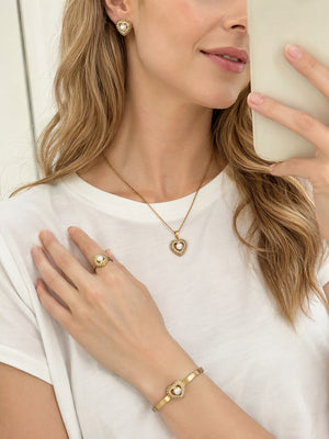 Vintage Heart Pearl 4-Piece Jewelry Set | 18K Gold Plated Necklace, Earrings, Bangle & Adjustable Ring, Hypoallergenic Stainless Steel Matching Set for Women