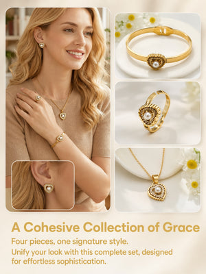 Vintage Heart Pearl 4-Piece Jewelry Set | 18K Gold Plated Necklace, Earrings, Bangle & Adjustable Ring, Hypoallergenic Stainless Steel Matching Set for Women